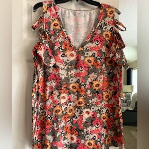 SHEIN Pink and Blue Ruffled Floral Sleeveless Blouse